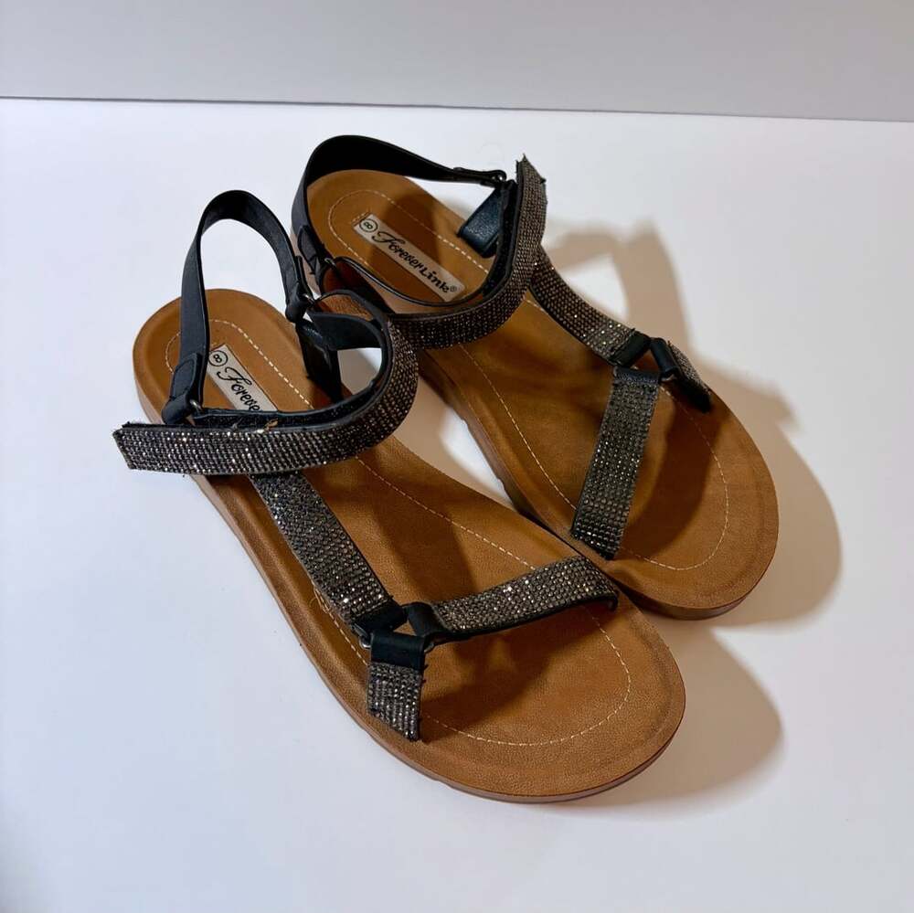 Forever Link Women's Black Rhinestone Sparkly Flat Slingback Sandals Size 8